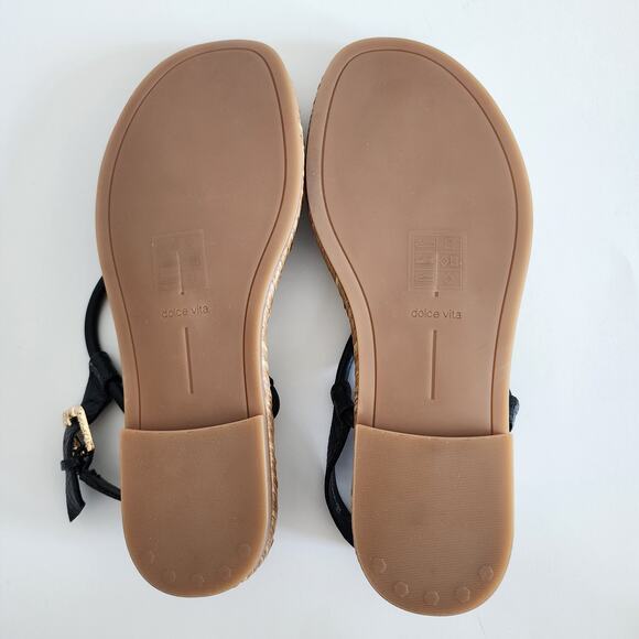 Dolce Vita Meryl Sandals Black & Tan w Gold Tone Hardware Raffia Detail Size 8.5 - Picture 4 of 6